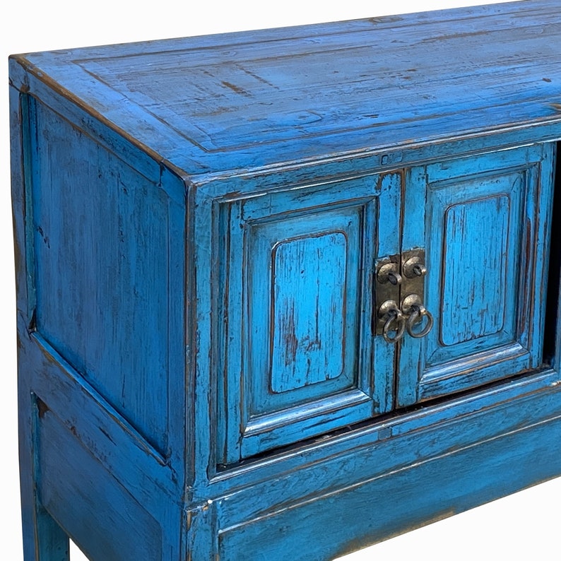 Vintage Chinese Distressed Bright Blue Drawers Foyer Narrow Side Table cs7743E image 7