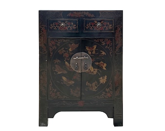 Chinese Distressed Black Copper Butterflies Graphic End Table Nightstand cs7607E