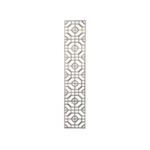 May include: A decorative metal room divider with a geometric pattern. The divider is made of thin metal bars that are arranged in a repeating pattern of squares and circles. The divider is a light brown color and has a rustic finish.