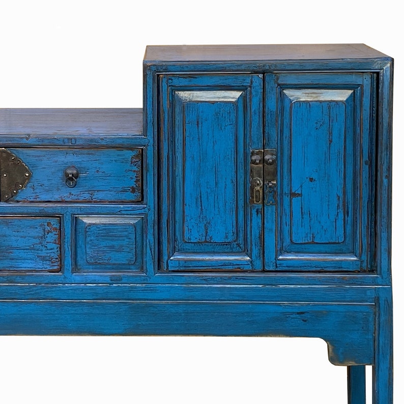 Vintage Chinese Distressed Bright Blue Drawers Foyer Narrow Side Table cs7743E image 4