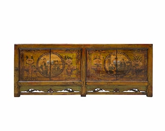 Distressed Olive Green Yellow Scenery Sideboard Table TV Console Cabinet cs6964E