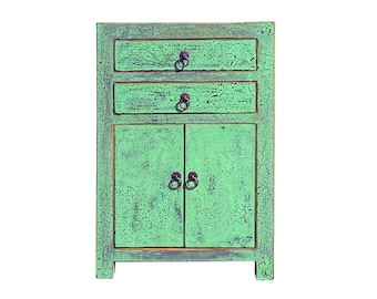 Oriental Distressed Green Lacquer Two Drawers End Table Nightstand cs6097E