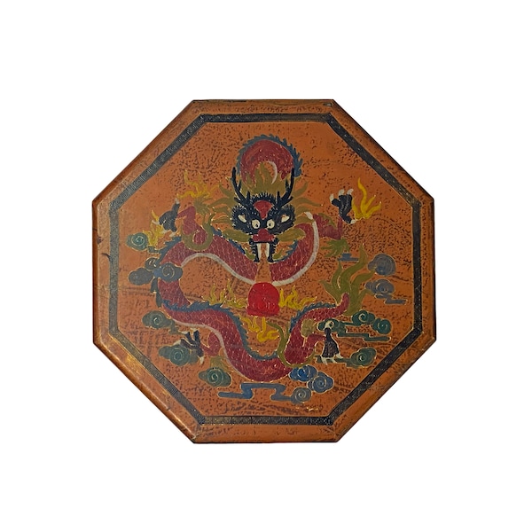 Chinese Distressed Light Brown Octagon Dragon Treasure Graphic Box ws2346E
