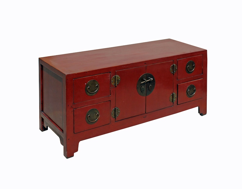 Chinese Oriental Zen Distressed Red Console Sideboard TV Cabinet cs3925E