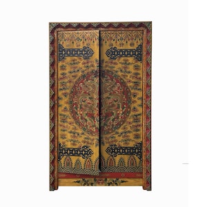 Chinese Tibetan Dragon Flower Yellow Graphic Tall Armoire Wardrobe Cabinet cs7683E image 1