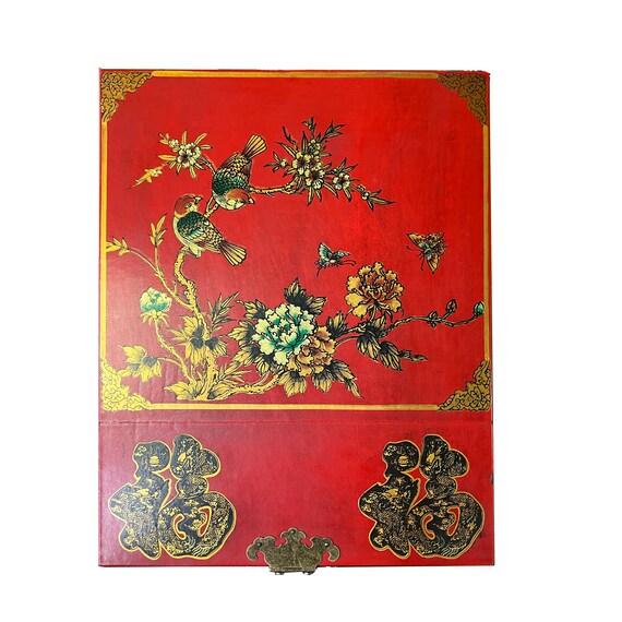 Chinese Oriental Red Flower Birds Mirror Rectangu… - image 5