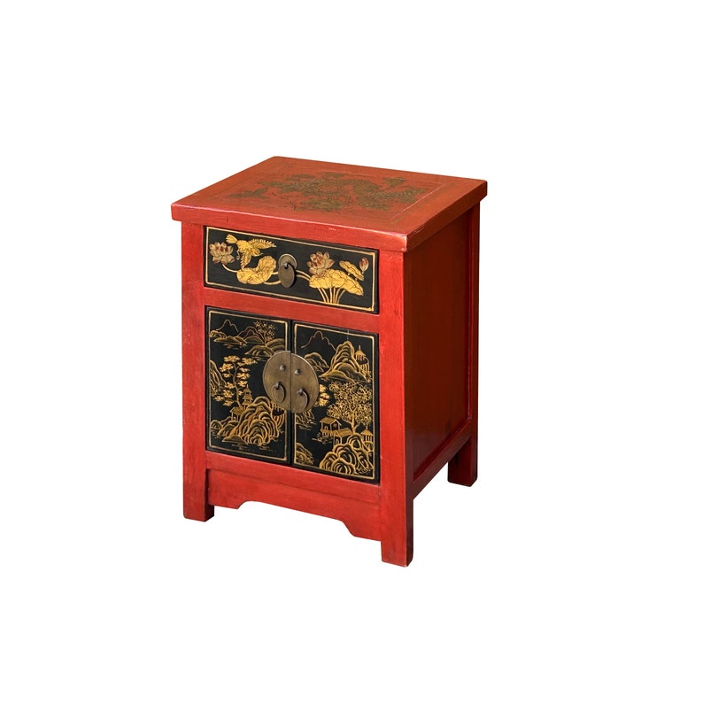 Oriental Distressed Red Black Golden Graphic Side End Table Nightstand cs7695E image 3