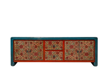 Chinese Tibetan Teal Blue Orange Floral Graphic Low TV Console Table cs7609E