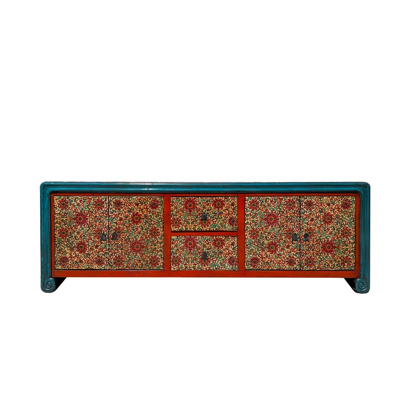 Chinese Tibetan Teal Blue Orange Floral Graphic Low TV Console Table cs7609E image 1