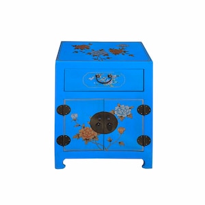 Chinese Bright Blue Vinyl Moon Face Flower Birds End Table Nightstand cs7131E image 2