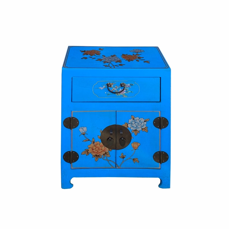 Chinese Bright Blue Vinyl Moon Face Flower Birds End Table Nightstand cs7131E image 2