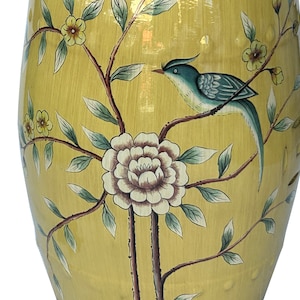 Distressed Yellow Porcelain Flower Birds Round Barrel Stool Table ws3692E image 2