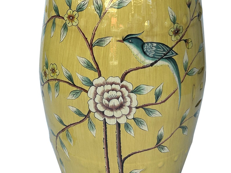 Distressed Yellow Porcelain Flower Birds Round Barrel Stool Table ws3692E image 2