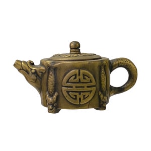 Asian Cast Metal Bronze Color Dragon Accent Teapot Shape Figure Art ws3318E