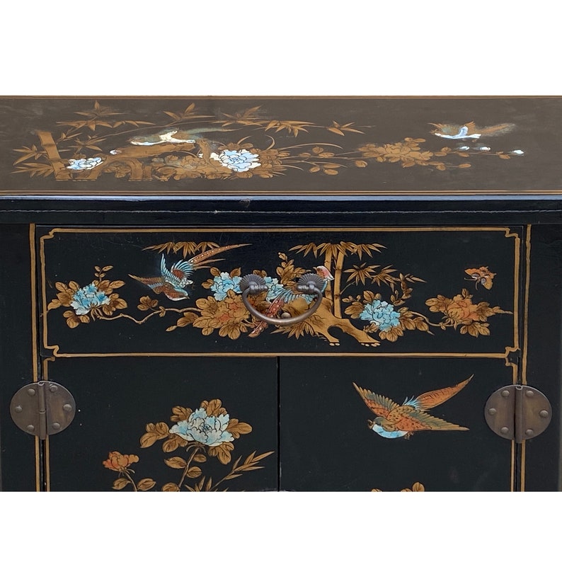 Oriental Black Veneer Flower Birds Graphic Slim Side Table Cabinet cs7800E image 5