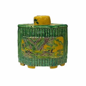 Chinese Yellow Green Scenery Theme Rhombus Ceramic Jar ws1799E