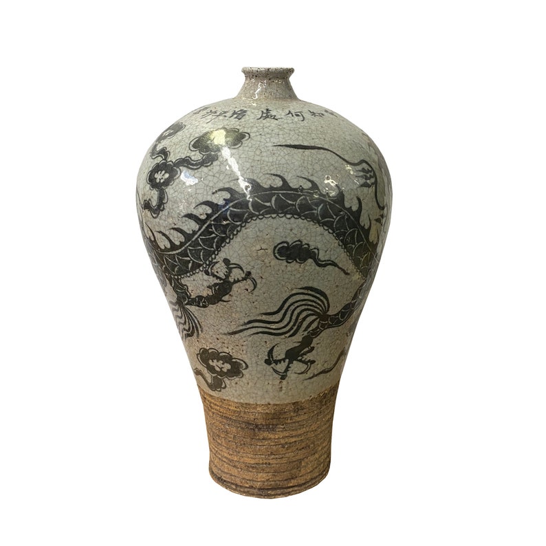 Chinese Crackle Gray Ceramic Hand-painted Dragon Vase ws1406E image 3