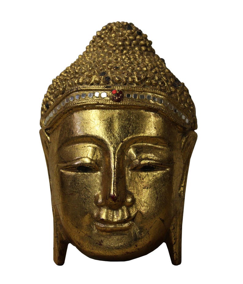 Handcrafted Wood Gold Paint Serene Meditate Sakyamuni Buddha Face Mask Sculpture n262E image 1