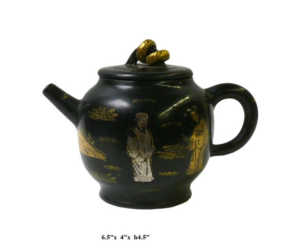 Handmade Elegant Black & Gold Asian-Inspired Zisha Ceramic Teapot with Pastoral Scene cs997-5S Handmade Elegant Black & Gold Asian-Inspired Zisha Ceramic Teapot with Pastoral Scene cs997-5S