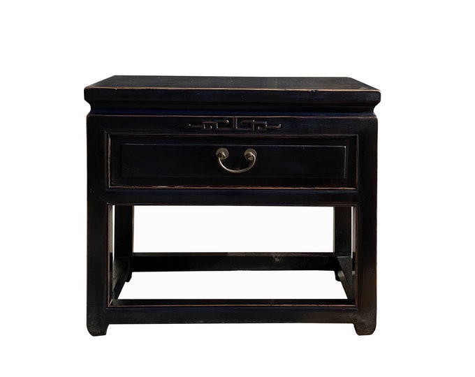 Oriental Distressed Black Lacquer Drawer End Table Nightstand Cs7150e