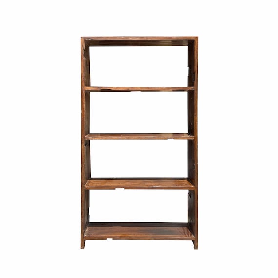 Rustic Raw Old Wood Open Shelf Brown Bookcase Display Cabinet