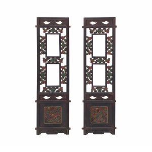 Pair Chinese Vintage Restored Wood Brown Flower Carving Wall Hanging Art cs6968E image 1