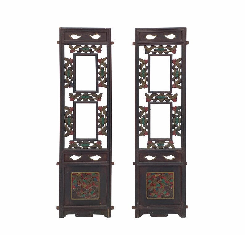 Pair Chinese Vintage Restored Wood Brown Flower Carving Wall Hanging Art cs6968E image 1