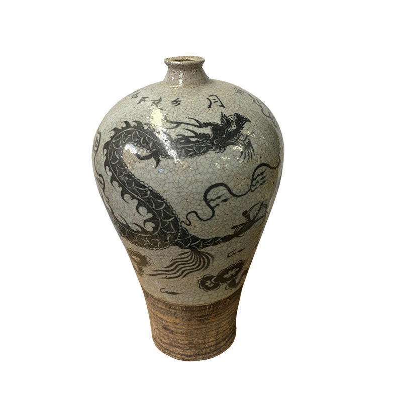 Chinese Crackle Gray Ceramic Hand-painted Dragon Vase ws1406E image 1