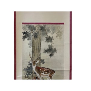 Vintage Chinese Color Ink Double Deer Scroll Painting Wall Art ws1977E image 2