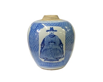 Oriental Handpaint Officers Small Blue White Porcelain Ginger Jar ws2328E