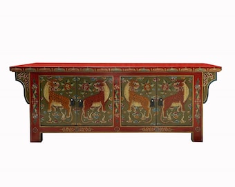 Chinese Tibetan Brick Red Jaguars Graphic Low TV Console Table cs7590E