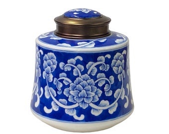 Oriental Handmade Blue White Porcelain Metal Lid Container Urn ws1745E