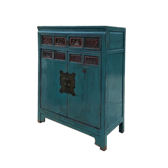 ※時刻表　asian vintage cabinet Chinese Vintage Carving Panel Tall Credenza Blue Storage Cabinet