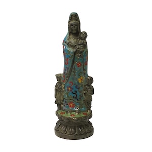 Chinese Metal Blue Enamel Cloisonné Kwan Yin w Kid Statue ws1414E
