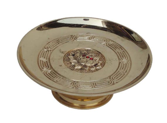 タンポポの金縁プレート Handmade Floral Pattern Gold Color Copper Offering Plate
