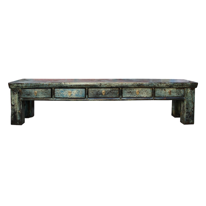 Chinese Distressed Teal Blue Green 4 Drawers Low Bench Cabinet Table cs4551E