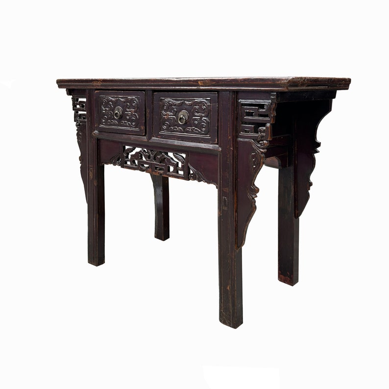 Chinese Vintage 2 Drawers Carving Brown Side Table Cabinet cs7752E image 4