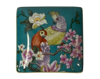 Contemporary Teal Flower Painting Square Porcelain Box - Jewelry Box ws1173E
