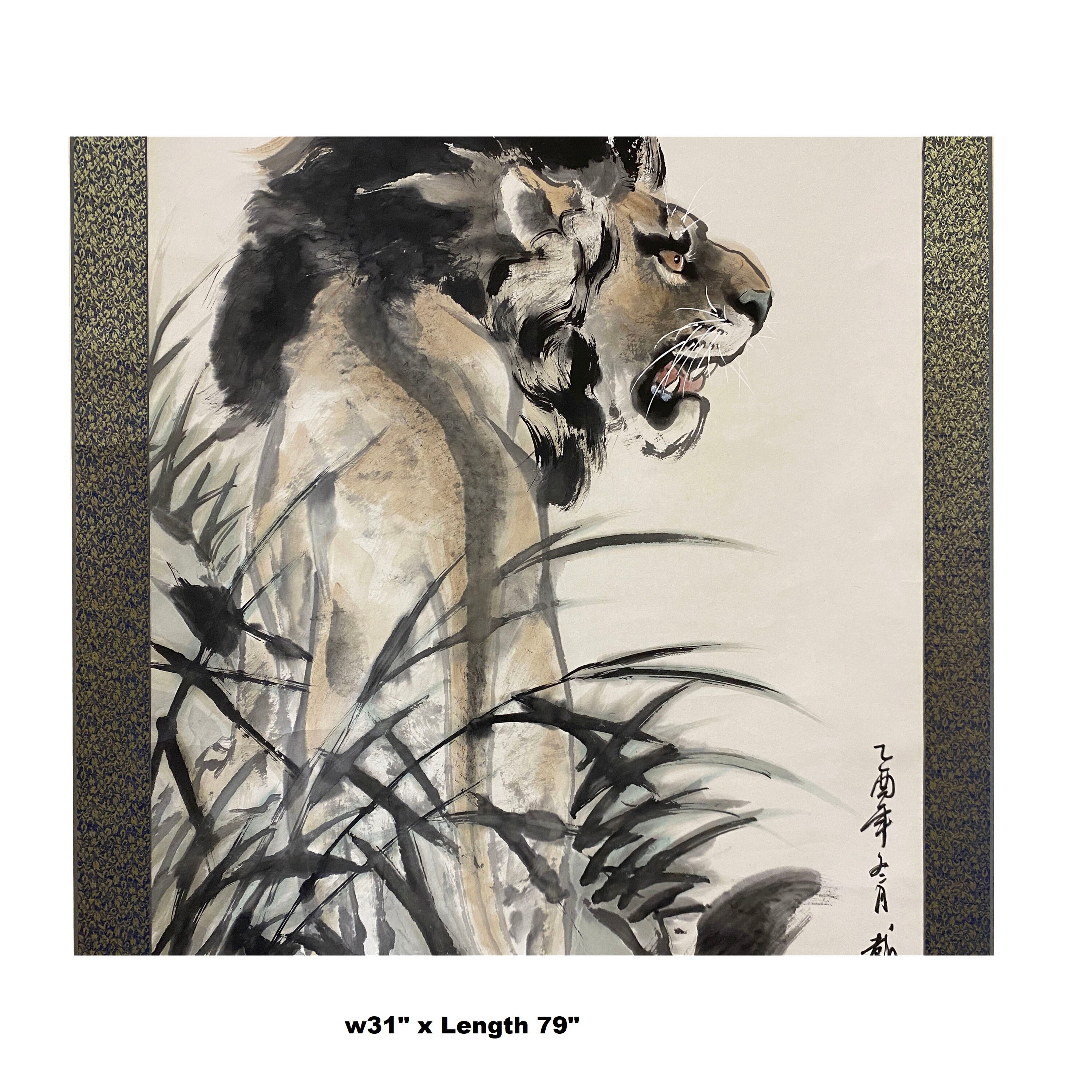貴重■靉嘔■ライオン■シルクスクリーン■１９８９年サイン入り Chinese Black White Ink Lion Theme Scroll Painting Original
