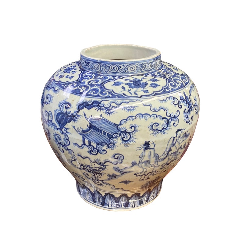 Vintage Chinese Blue White Porcelain Scenery Fat Body Vase Jar ws2718E image 5