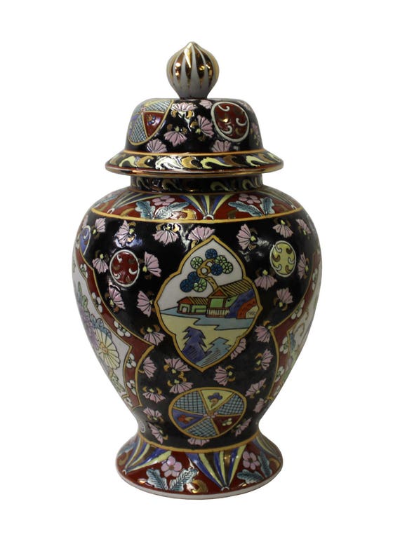 Chinese Oriental Famille Rose Porcelain Black Scenery Round Jar cs3057S Chinese Oriental Famille Rose Porcelain Black Scenery Round Jar cs3057S