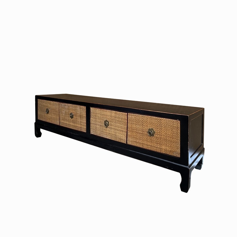 Oriental Black Light Tan Rattan Doors Low TV Stand Console Table Cabinet cs7693E image 2