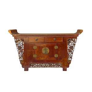 Chinese Rustic Brown Vintage Point Edge Flower Apron Console Cabinet cs7305E image 1
