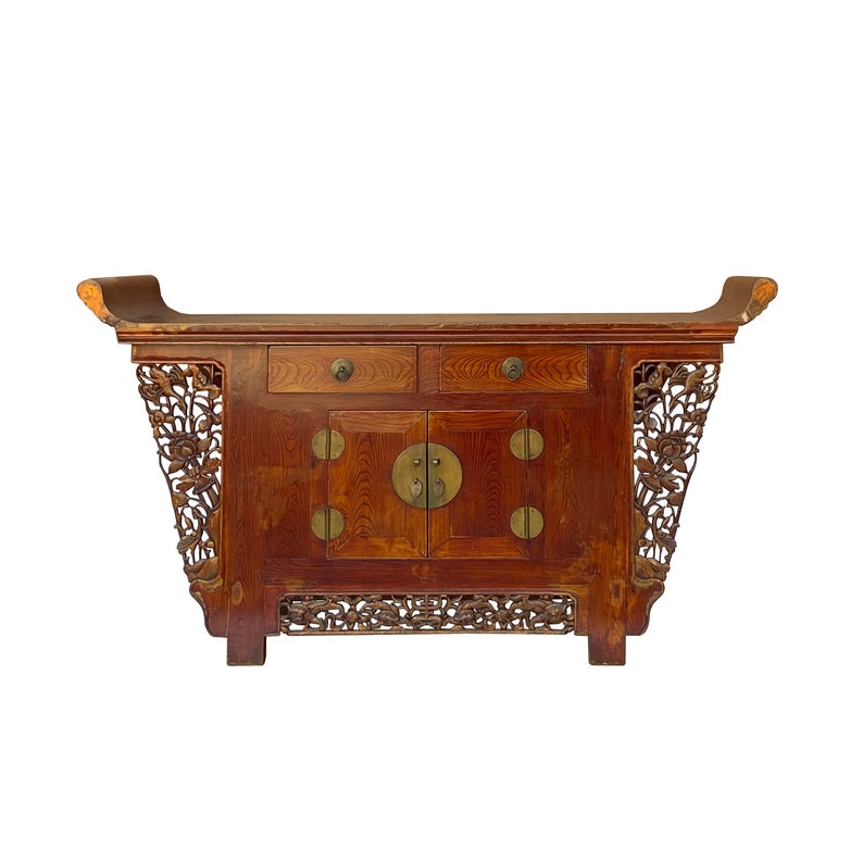 Chinese Rustic Brown Vintage Point Edge Flower Apron Console Cabinet cs7305E image 1