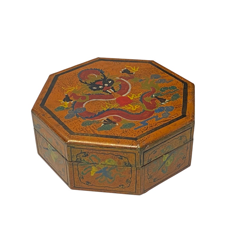 Chinese Distressed Light Brown Octagon Dragon Treasure Graphic Box ws2346E image 8