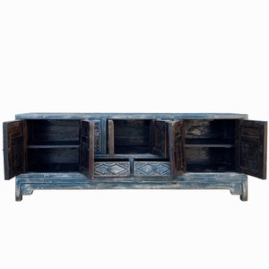 Chinese Distressed Dark Blue Vases Relief Pattern TV Console Table Cabinet cs7738E image 3