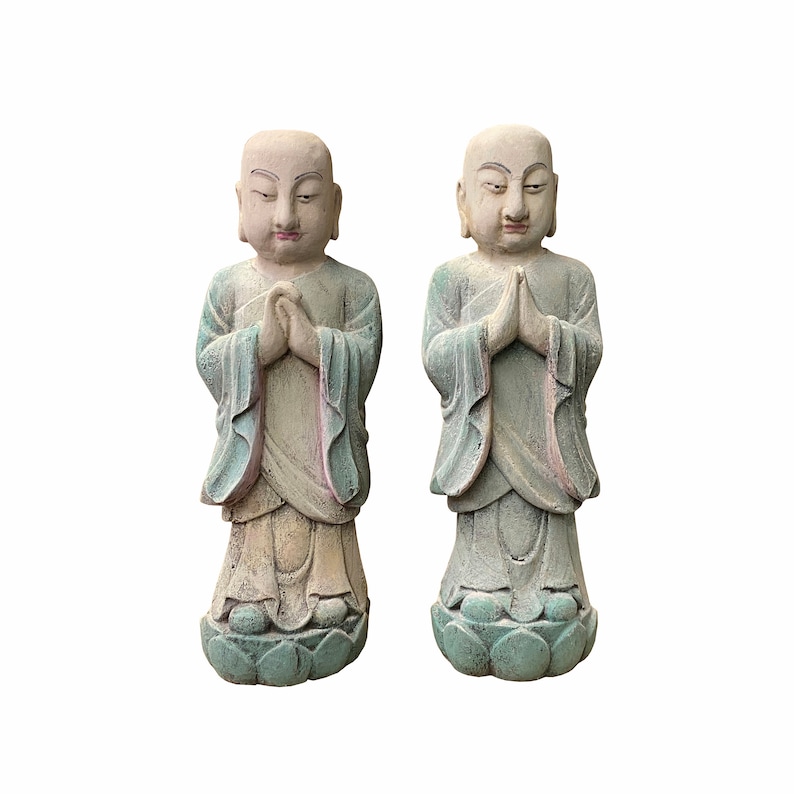 Pair Chinese Color Rustic Wood Standing Lohon Monk Statues ws1517E image 1