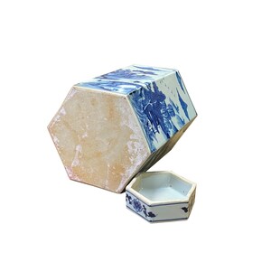 Chinese Blue & White Porcelain Trees Scenery Hexagon Jar Container ws2754E image 5