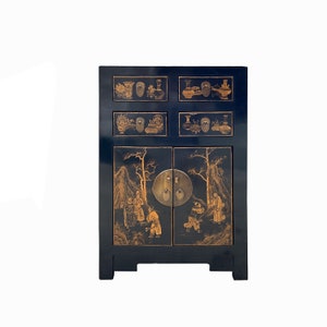 Vintage Oriental Distressed People Golden Graphic Black Side Table Cabinet cs7767E image 1