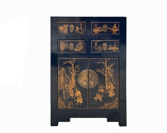 Vintage Oriental Distressed People Golden Graphic Black Side Table Cabinet cs7767E